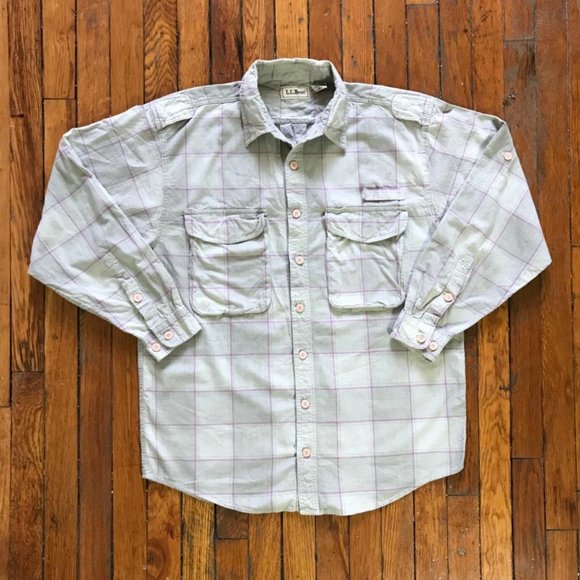 Vintage 90s L.L. Bean Men White Grey Pink Plaid Elastic Back Button Down Shirt - Picture 1 of 4